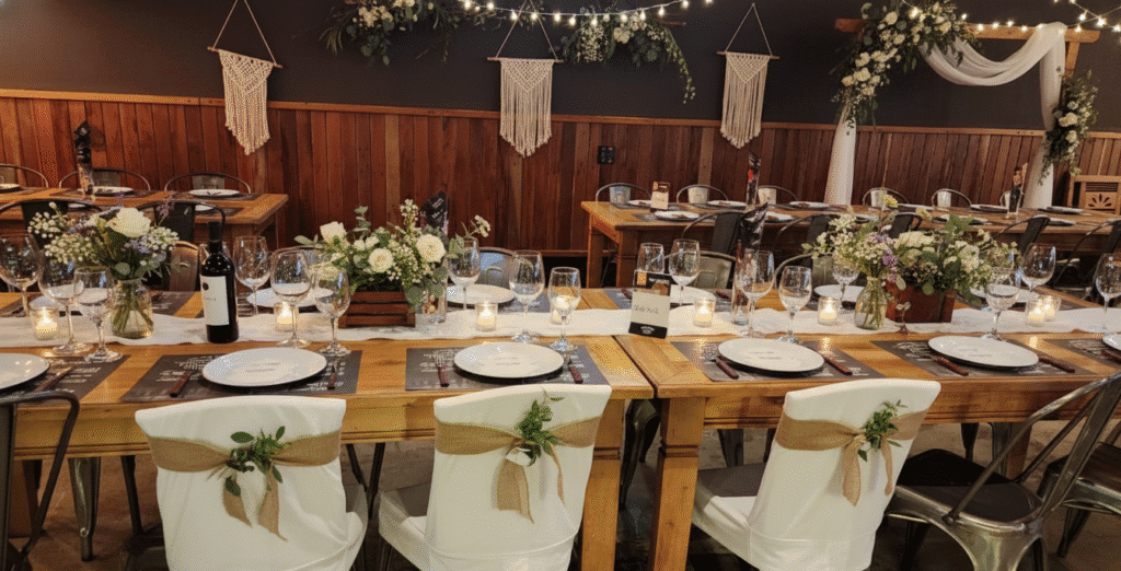 Espaço para mini wedding em Campinas decorado com mesas de madeira e flores brancas, criando uma atmosfera intimista.
