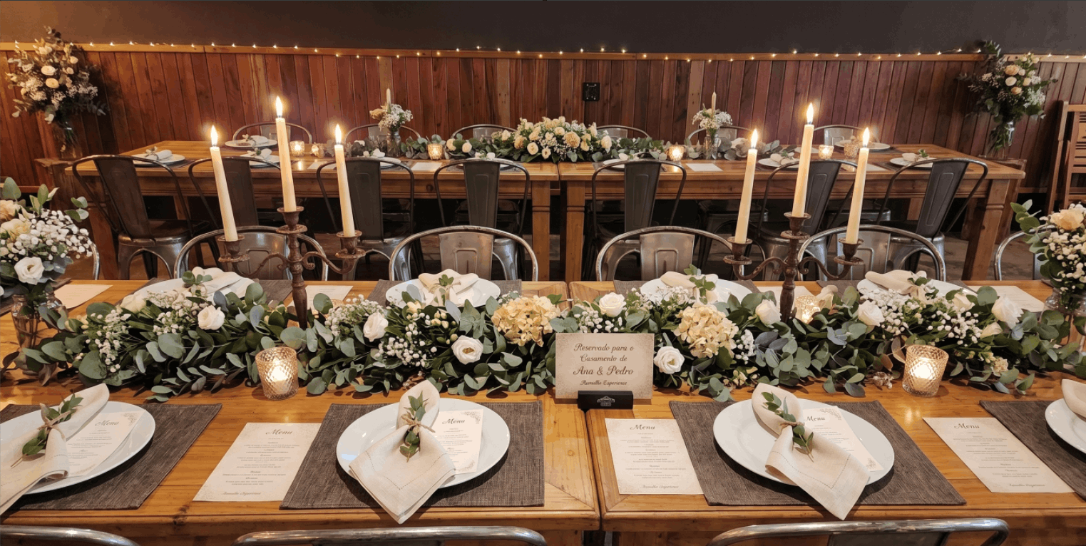 Decoração sofisticada e intimista de mesa posta para um mini wedding no Ramalho Experience, destacando-se entre os melhores espaços para casamento pequeno campinas.