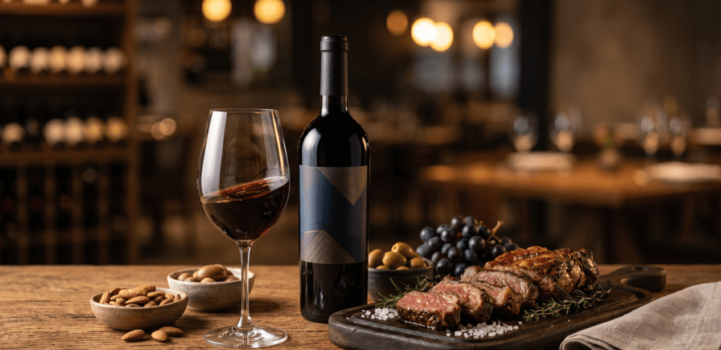 Uma taça e uma garrafa de vinho tinto ao lado de uma tábua de madeira com cortes nobres de carne fatiada, ilustrando a harmonização perfeita no wine bar campinas.