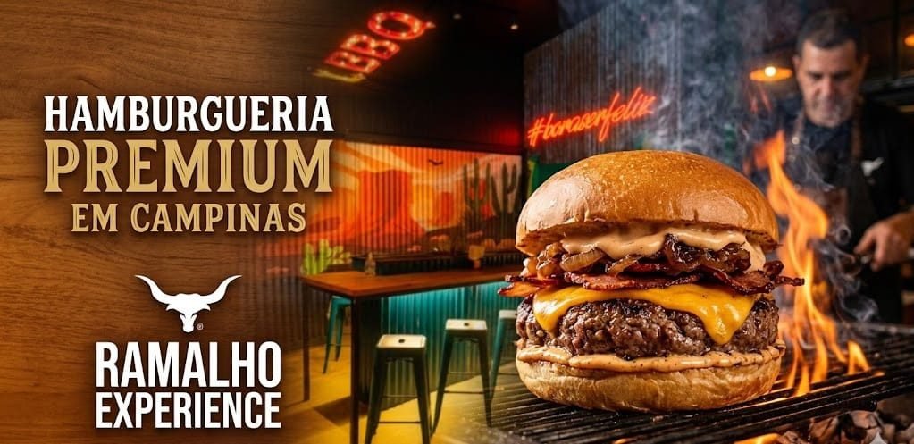 Hambúrguer artesanal suculento com queijo na brasa na hamburgueria premium em Campinas, Ramalho Experience.