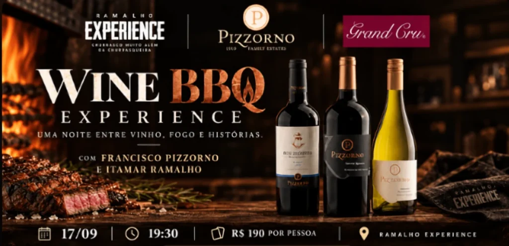 Banner do Wine BBQ Experience, jantar de vinho e churrasco em Campinas com garrafas Pizzorno e churrasco na brasa ao fundo