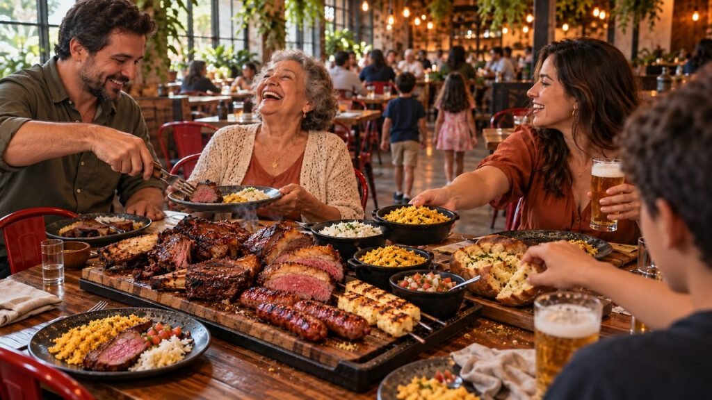 Família de três gerações dividindo box de churrasco com costela, picanha e linguiça no Ramalho Experience, em Campinas