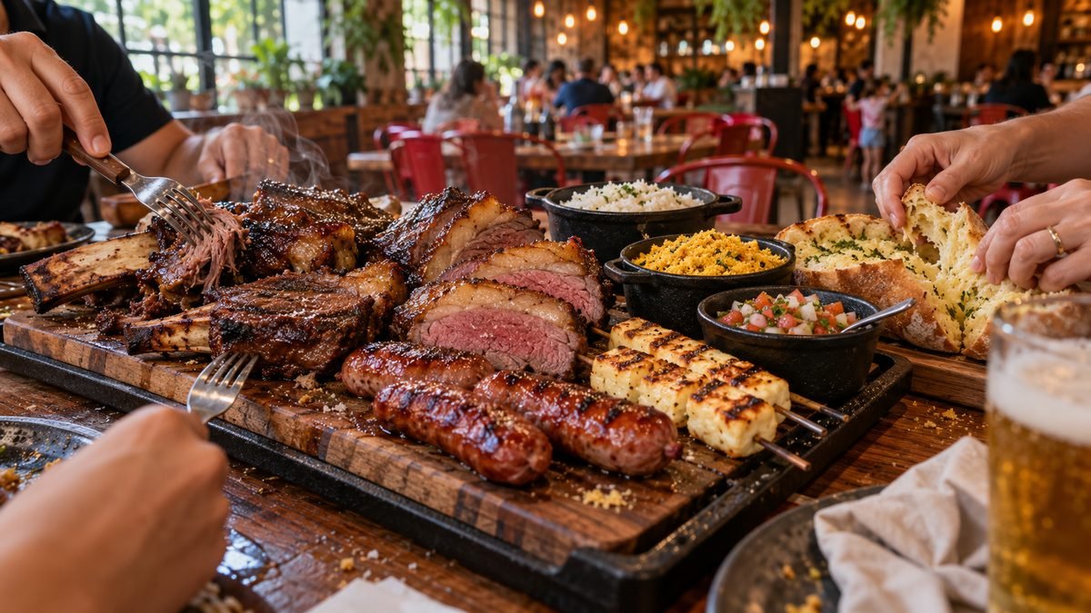 Família reunida à mesa com box de churrasco no almoço de domingo do Ramalho Experience, churrascaria em Campinas